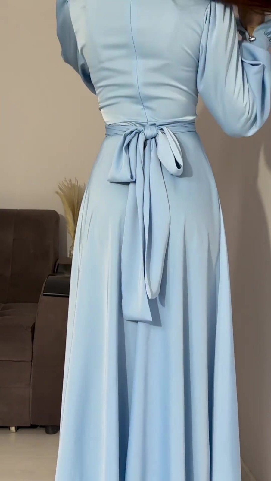 Women Long Dress Lantern Sleeves High Neck Party Plain Color Gown Lace Up Dress