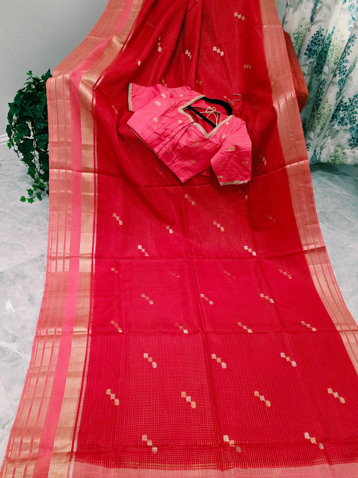 Ruby Red Russian Dola Crepe Silk Saree Elephant Butta Blouse 34-40