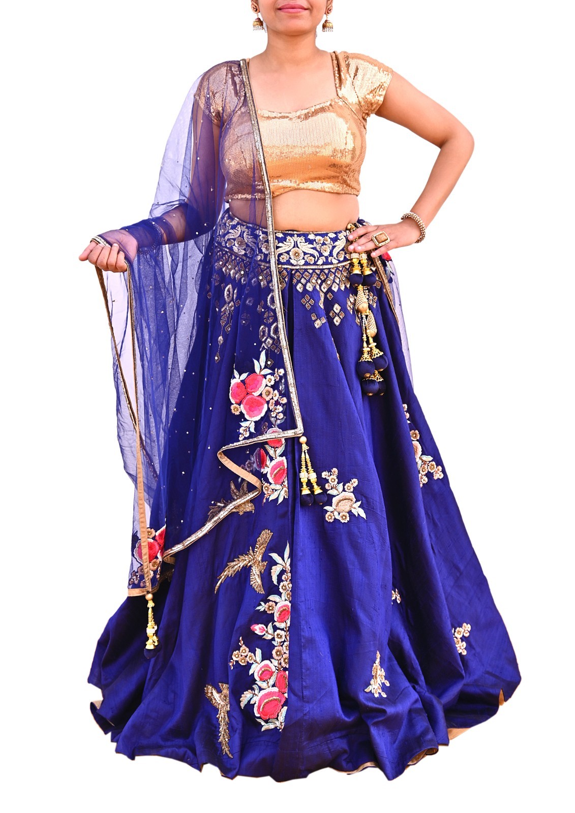 Deep Blue Raw Silk Heavy Hand Embroidered Anamika Khanna Bridal Lehenga 2pcs Set