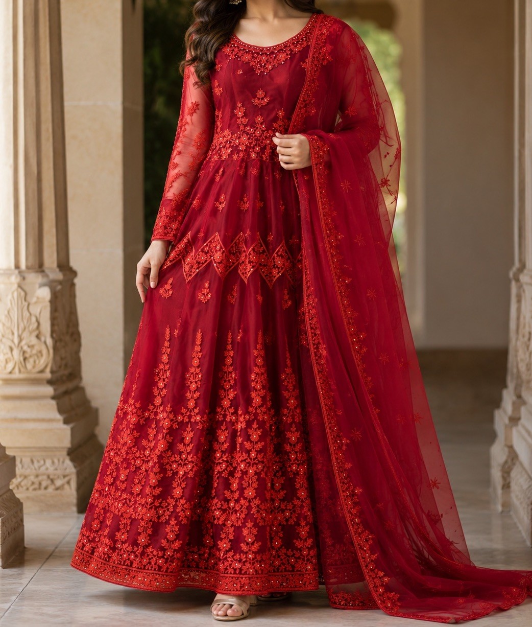 Red 3 Piece Anarkali Suit Pre Owned Size 36
