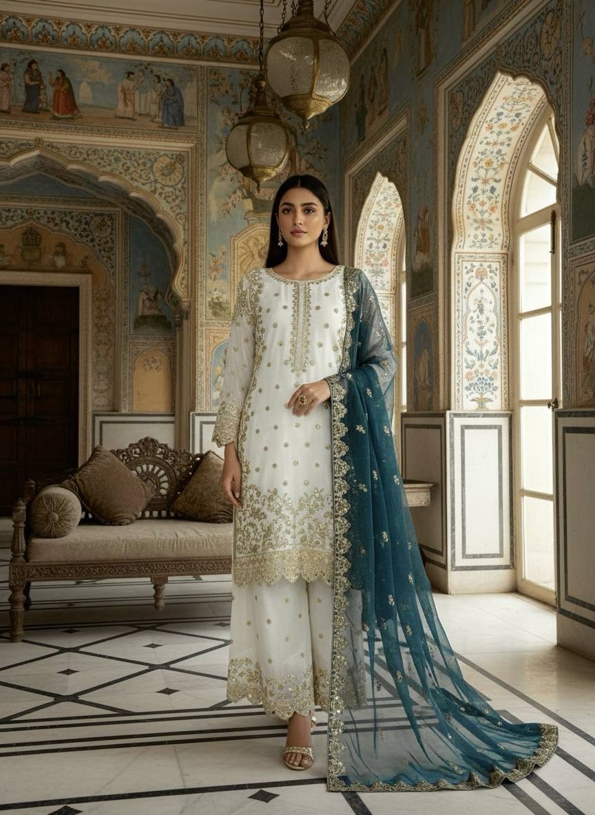 Latest Silk White Kurta Palazzo With Blue Dupatta For Reception Wear
