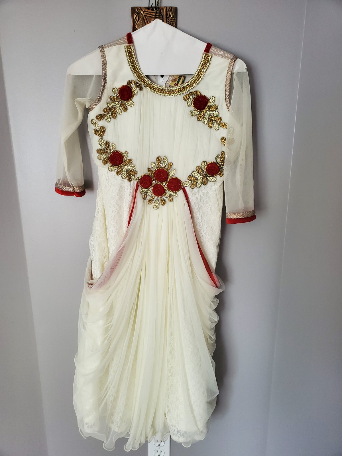 Indo-Western Gown Dress | White & Red Floral Embroidery | Party Wear Bollywood