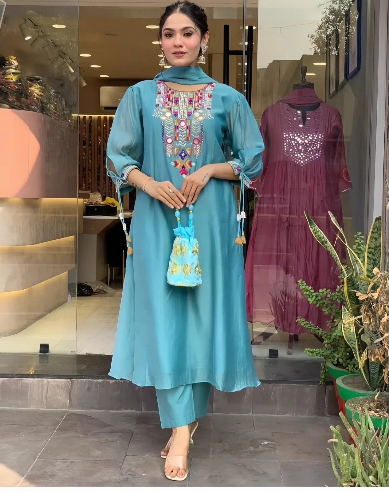 Chanderi Suit Set with Palazzo, Traditional Ethnic Wear With Tassel Details