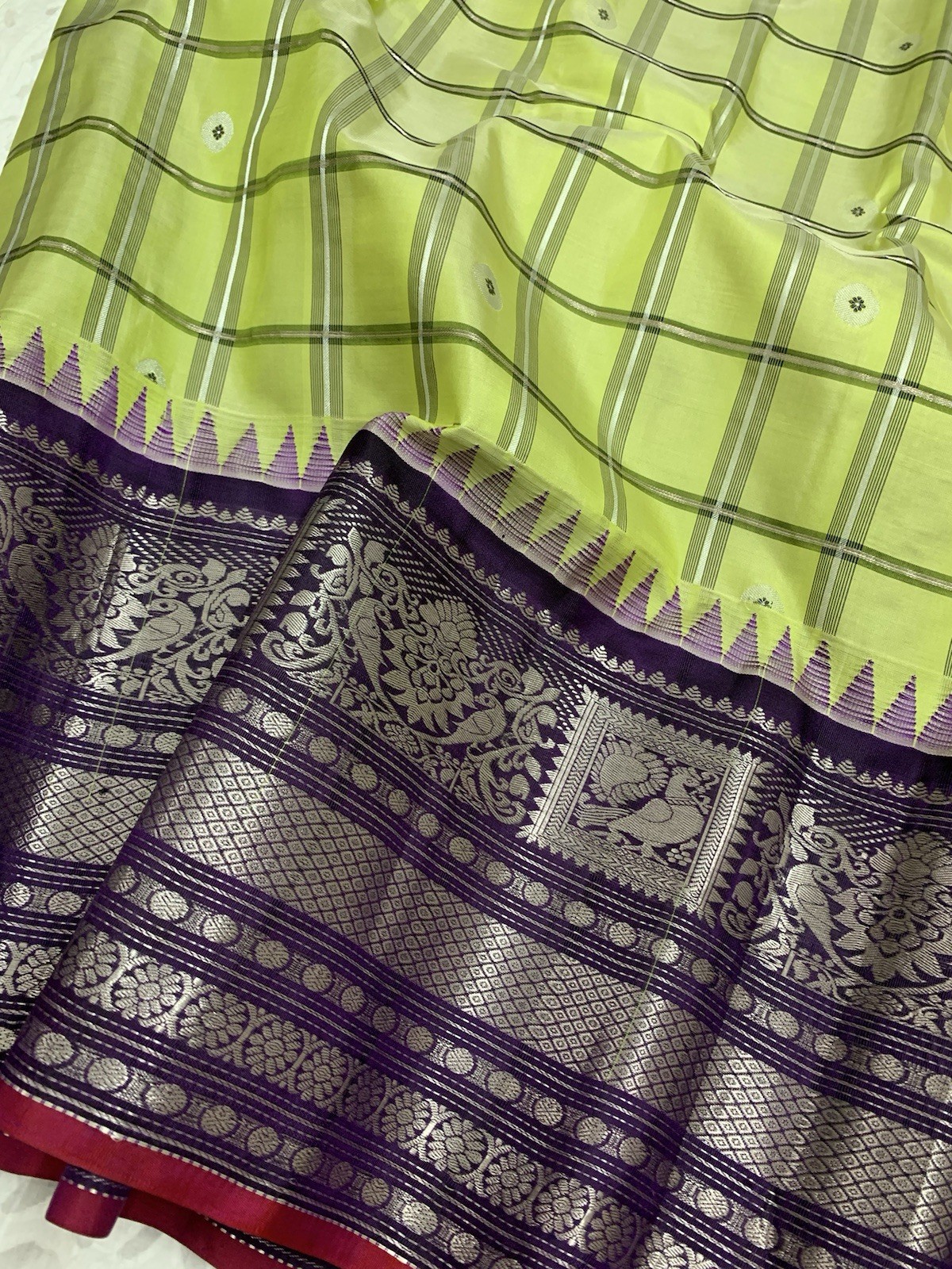 Lime Green and Purple Gadwal Silk Saree Sari wedding Partywear Bridal
