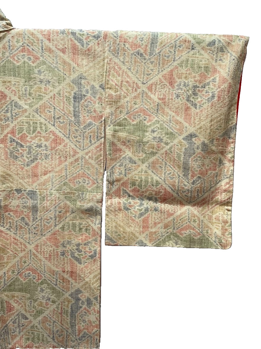 Vintage Tsumugi Kimono Silk Handwoven Geometric Pattern Japan Traditional Awase