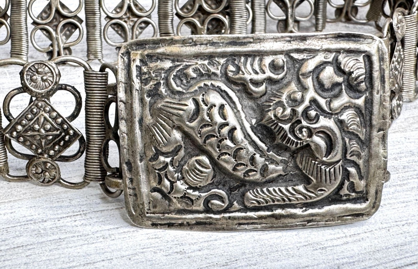 Vintage Chinese Asian Dragon Silver Toned Belt Buckle Filigree Belt