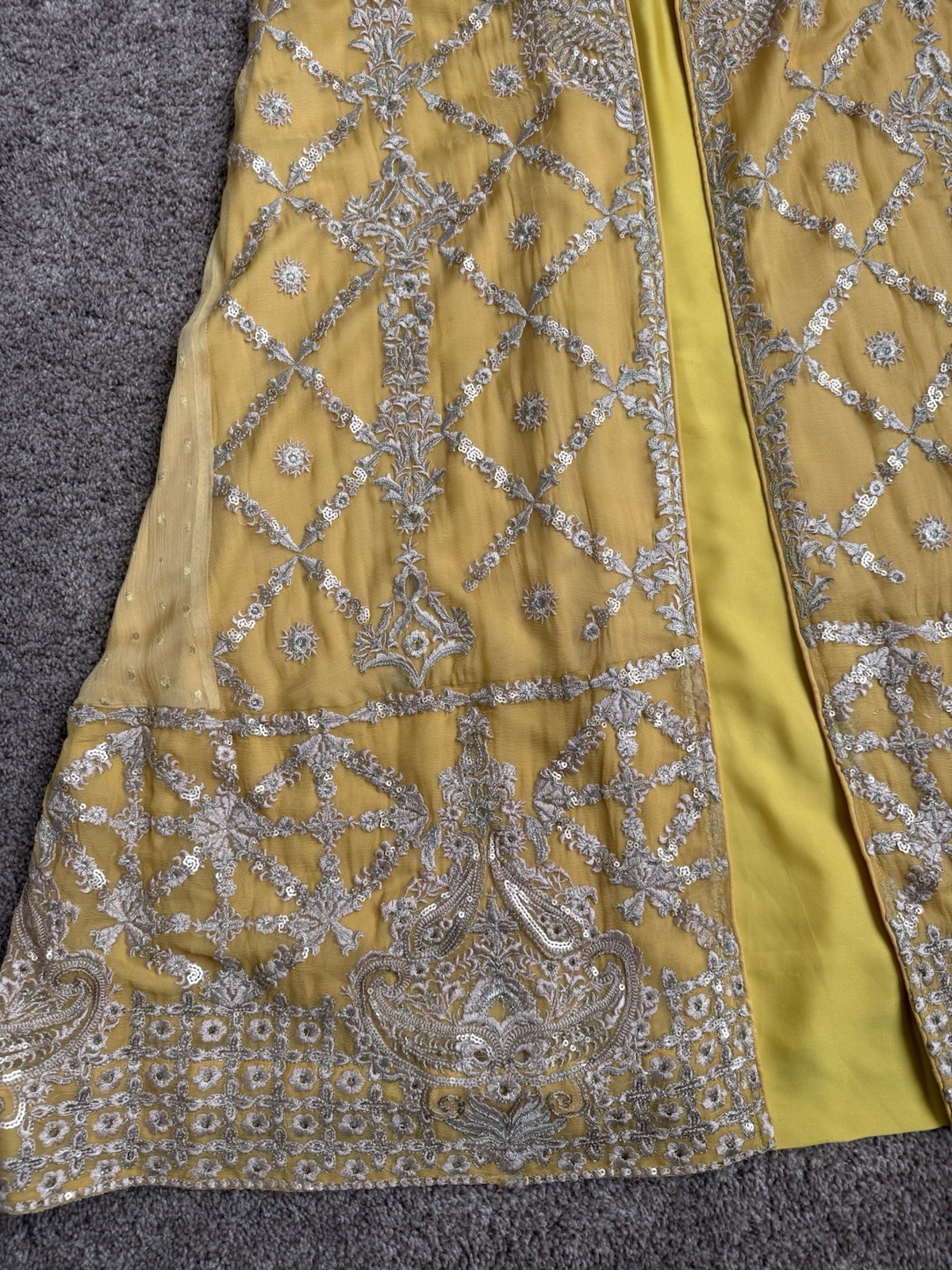 Yellow Open-Front Embroidered Chiffon Dress with Dupatta | Mehndi/Maiyon Outfit