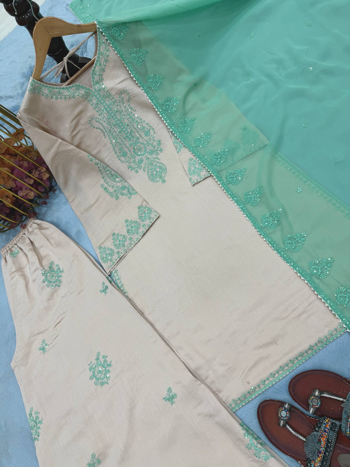 Stylish Look Roman Silk Beige Top Palazzo With Dupatta For Festival Wear