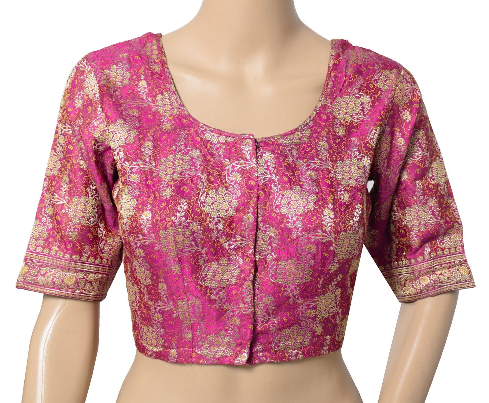 Sushila Vintage Banarasi Sari Blouse Zari Brocade Pure Satin Magenta Top 38″
