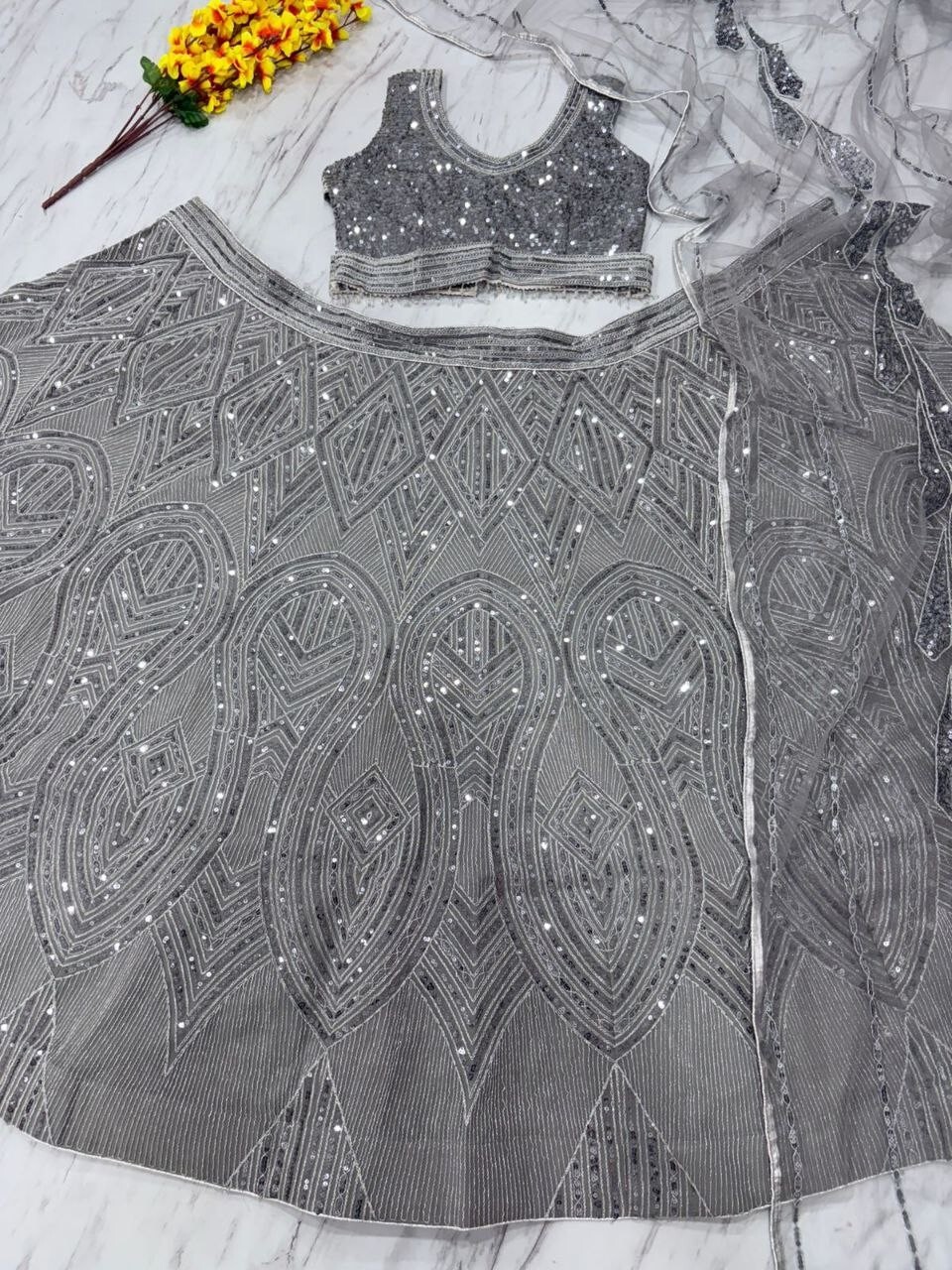 New Classy Faux Georgette Lehenga Choli With Grey Dupatta For Indian Function