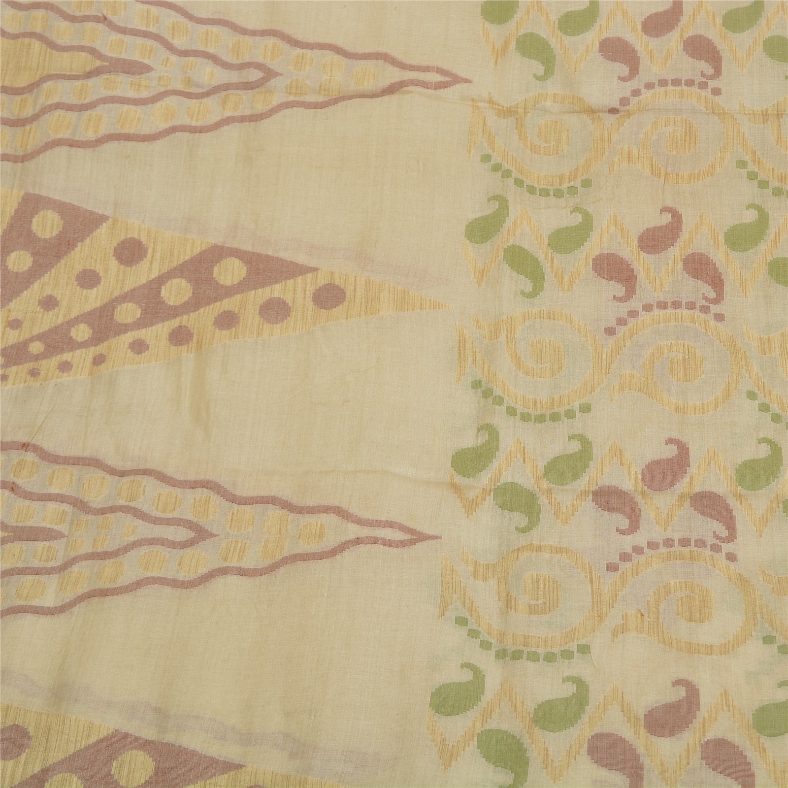 Sanskriti Vintage Ivory Indian Sarees Blend Silk Woven Sari Craft 5 Yard Fabric