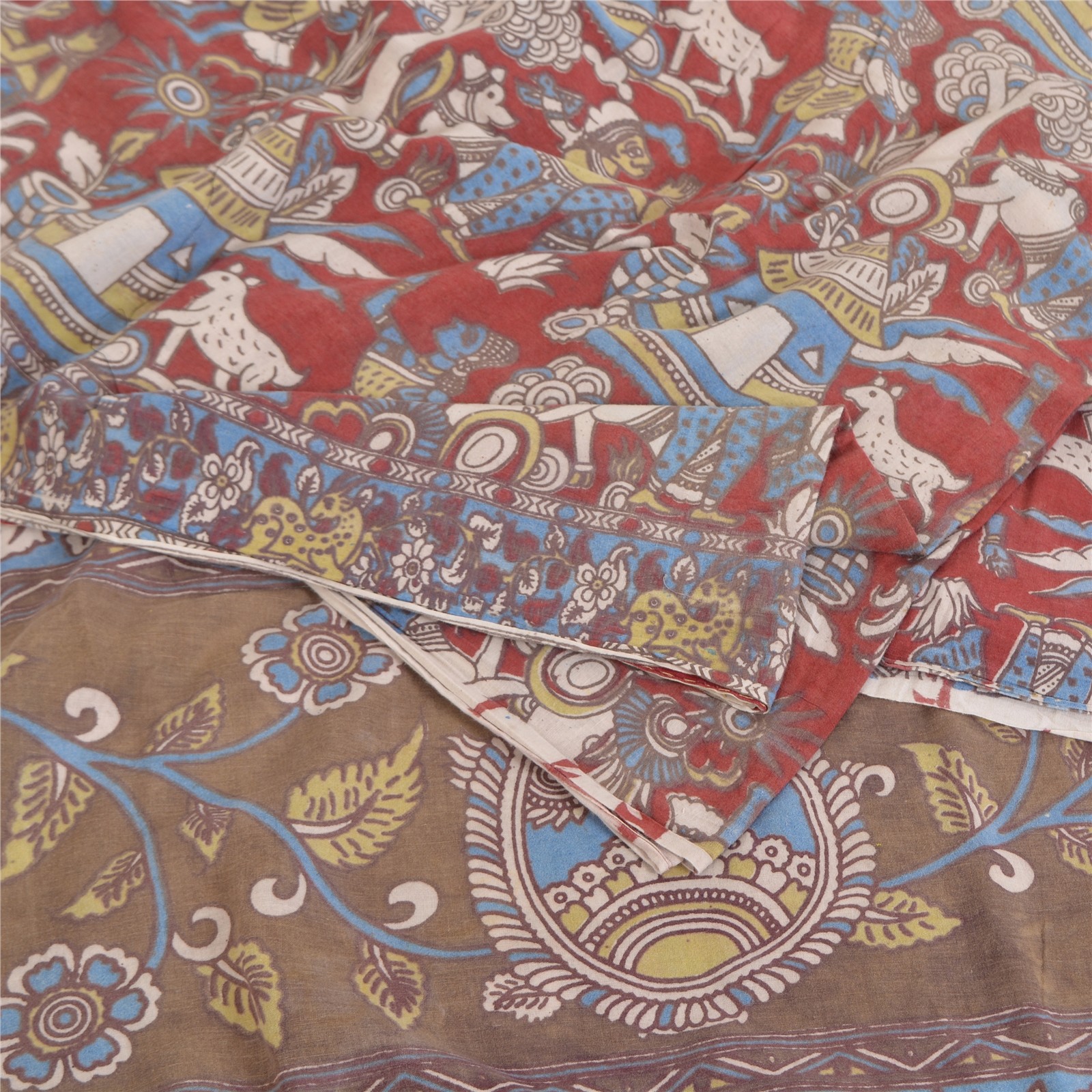 Sanskriti Vintage Gray/Red Pure Cotton Sarees Kalamkari Printed Sari 5+Yd Fabric