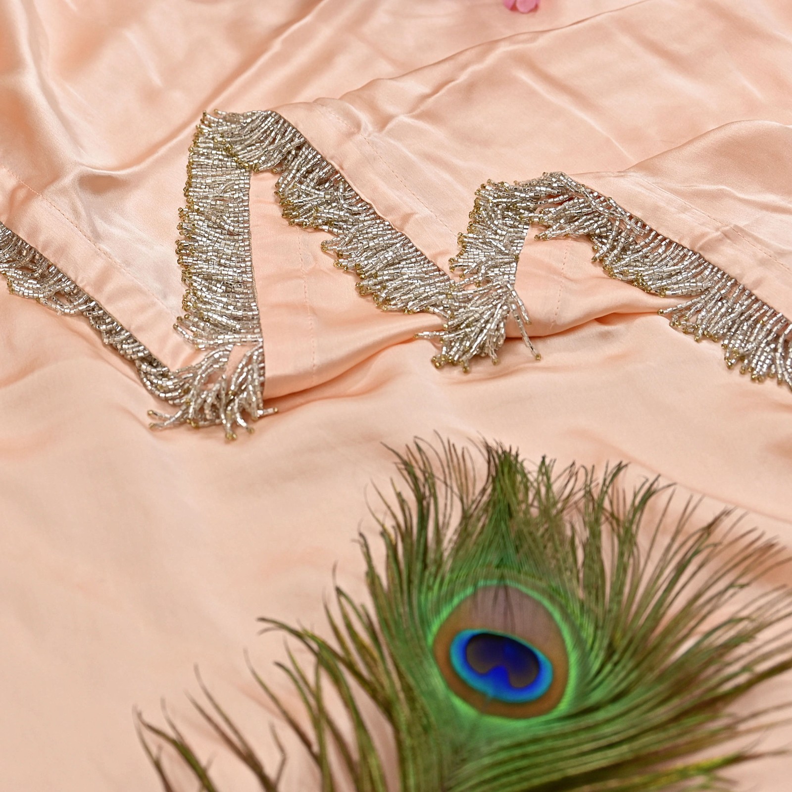 Rare Vintage Peach Pure Satin Silk Saree Hand Embroidered Fabric 5.5 Yards Sari