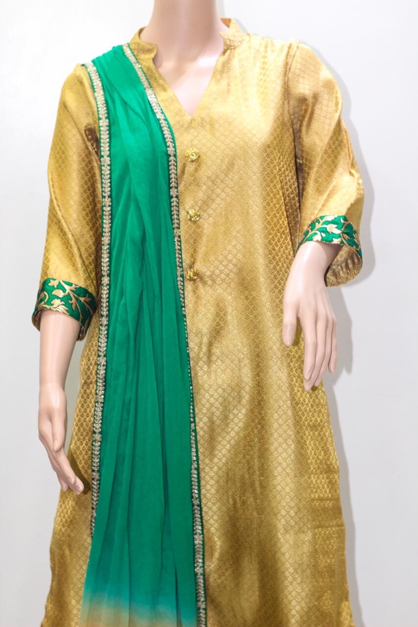 Indian Pakistani Gold Suit with Silk Jamawar Green Pants – Size 46/2XL