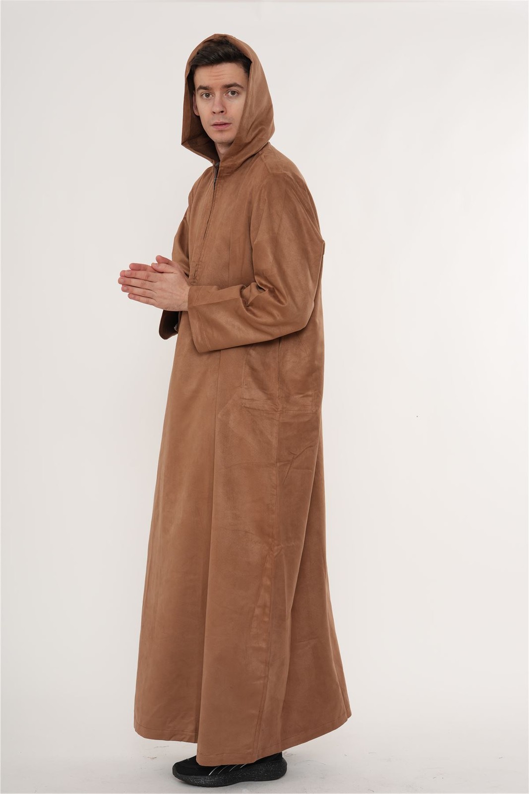 Men Camel Brown Hooded Suede Thobe Emirati Omani Zip Islamic Clothing Kaftan Eid