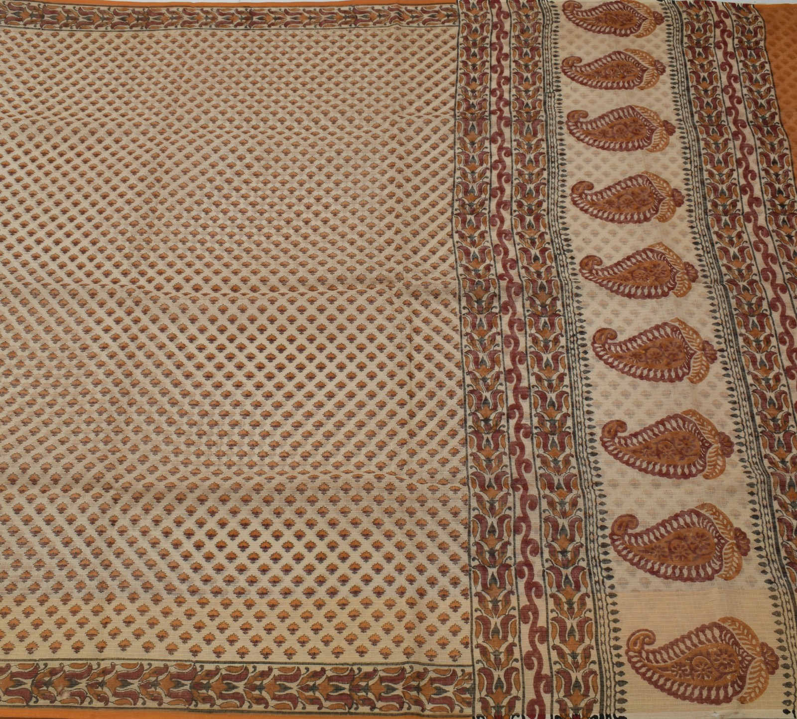 Sushila Vintage Cream Saree 100% Pure Cotton Hand Block Printed Floral Fabric