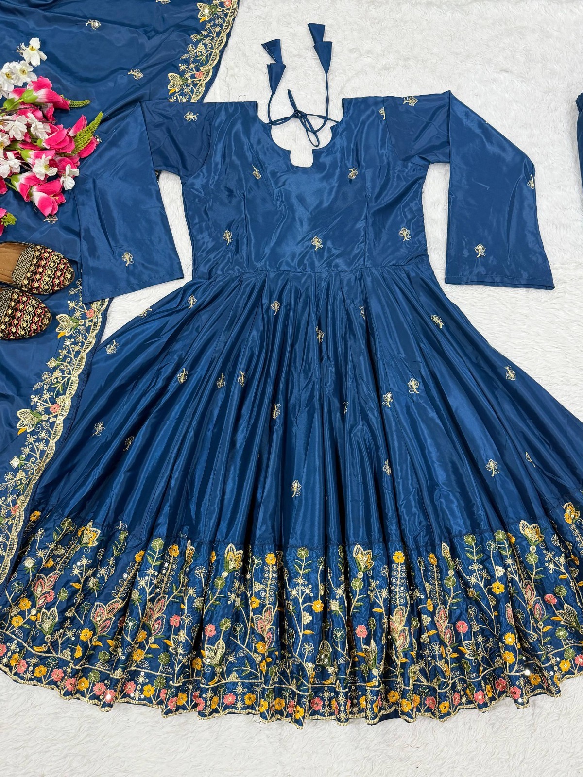 Heavy Natural Crep Blue Gown Palazzo With Dupatta For Indian Wedding Wear