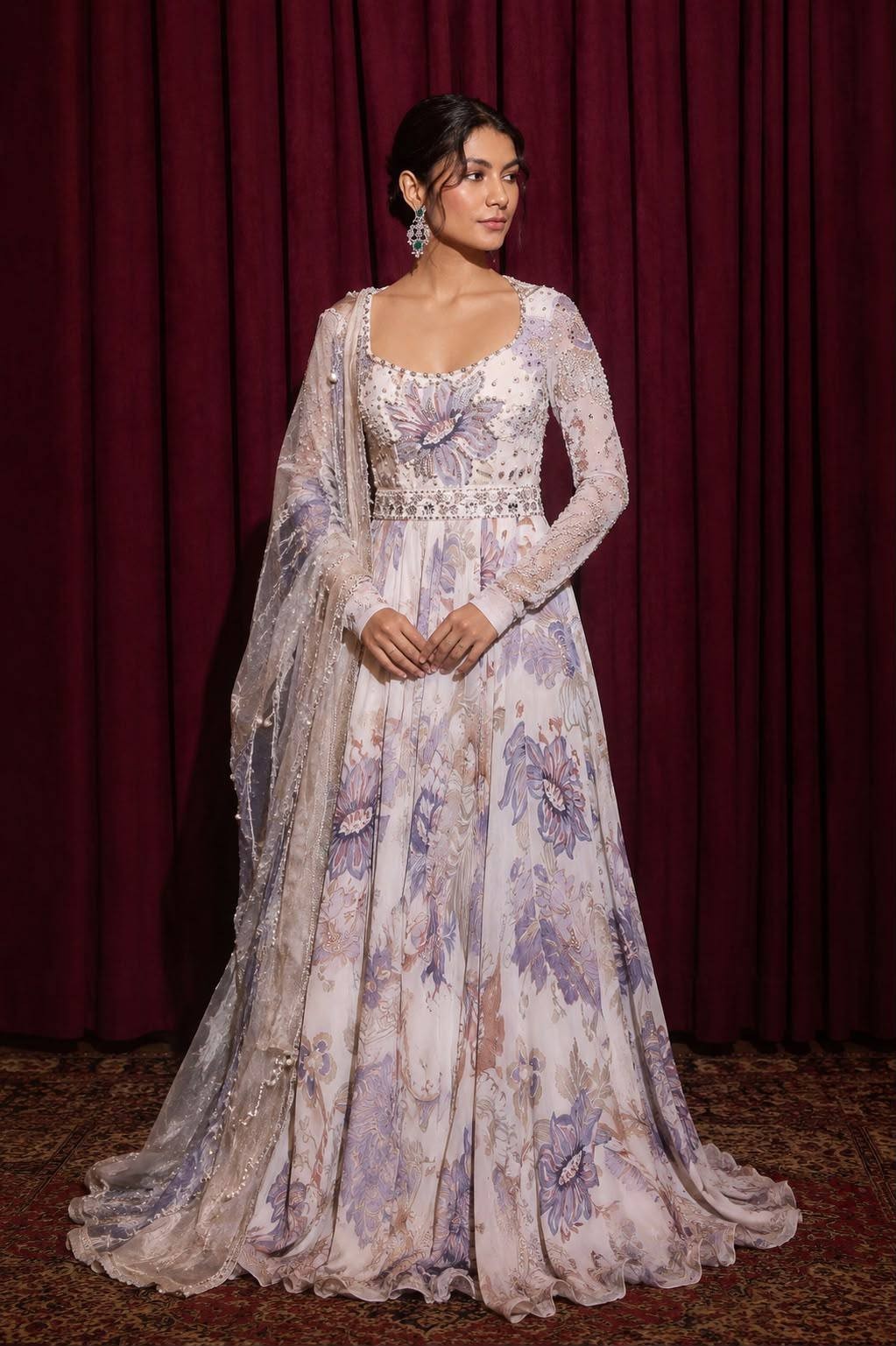 Women’s White Printed Organza Anarkali Kurti Gown Traditional Occasion Wear