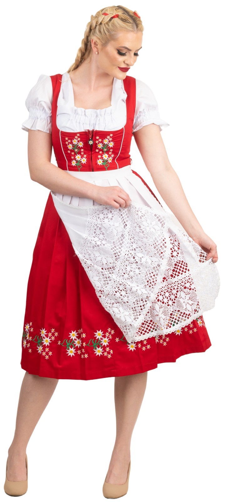 22 2XL Red German Dirndl COTTON Dress / Long EMBROIDERED Oktoberfest Waitress