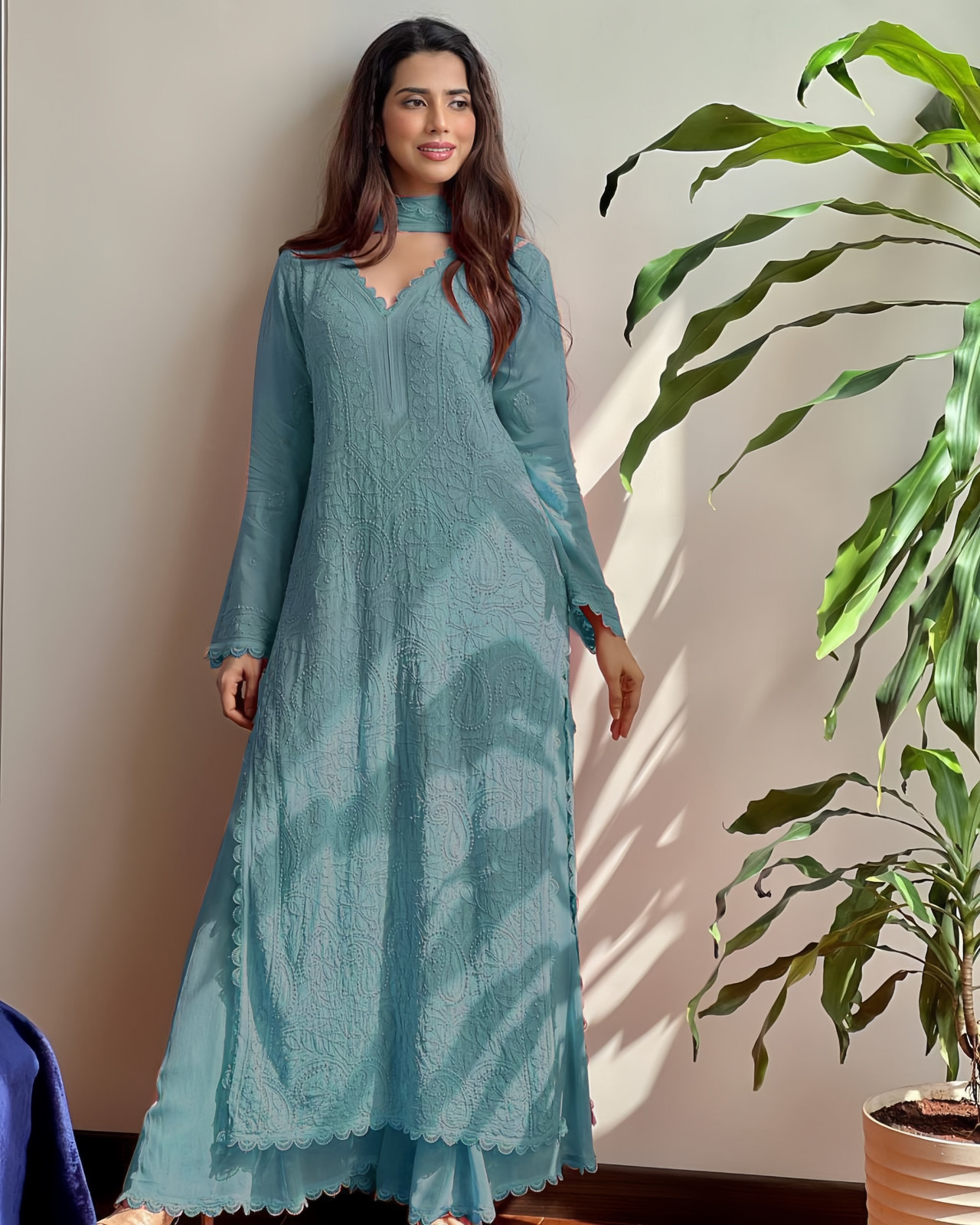 Georgette Embroidered Chikankari V Neck Kurta with Palazzo and Dupatta