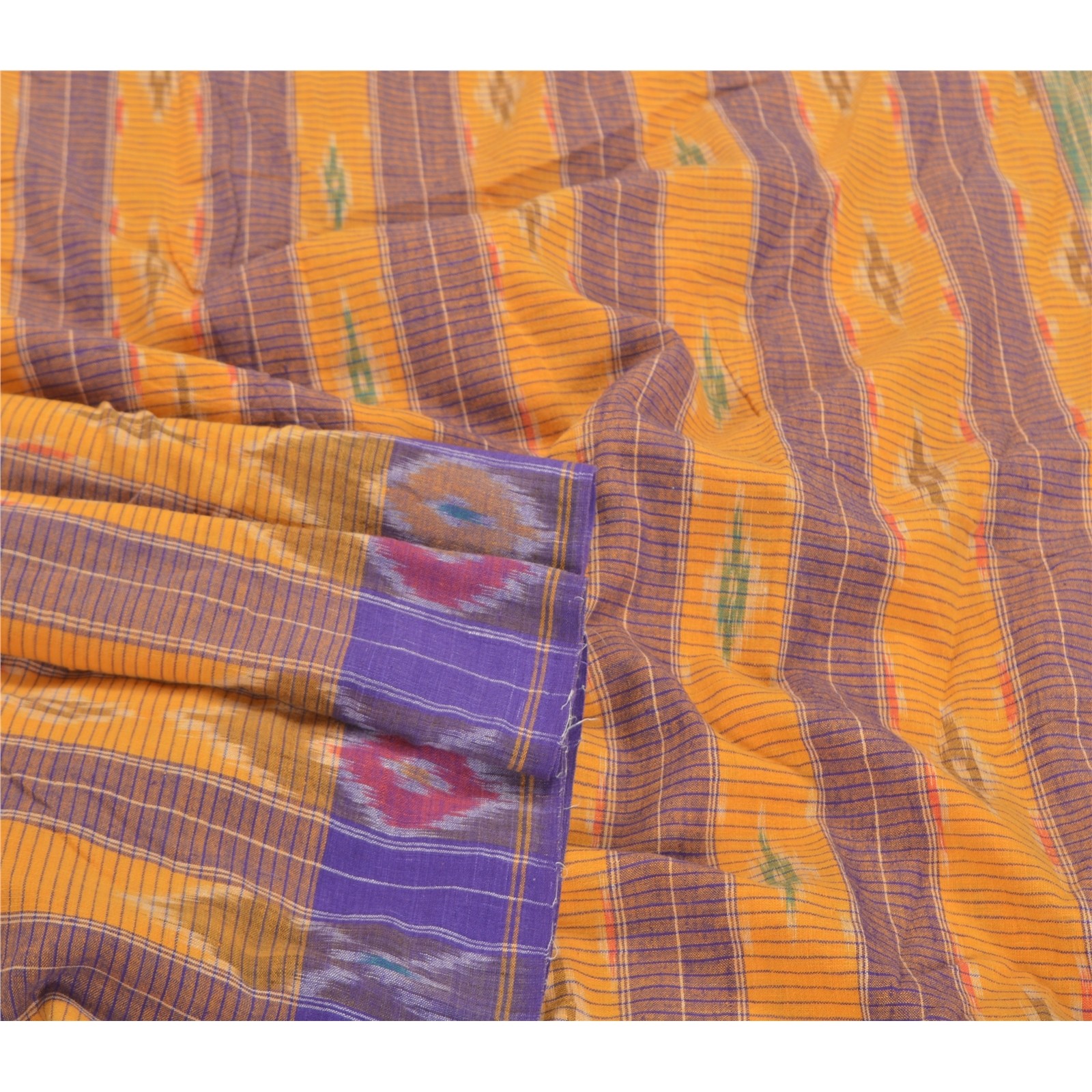 Sanskriti Vintage Sambalpuri Ikat Saree Handwoven Pure Cotton Sari Yellow Fabric