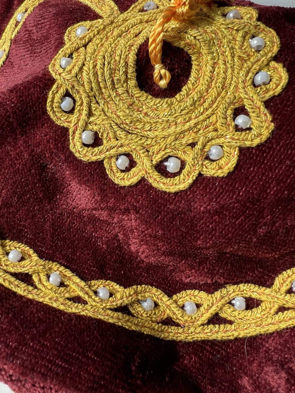 Vintage Velvet Embroidered Turkish Islamic Hat Kufi Gold Thread Mirror Bead