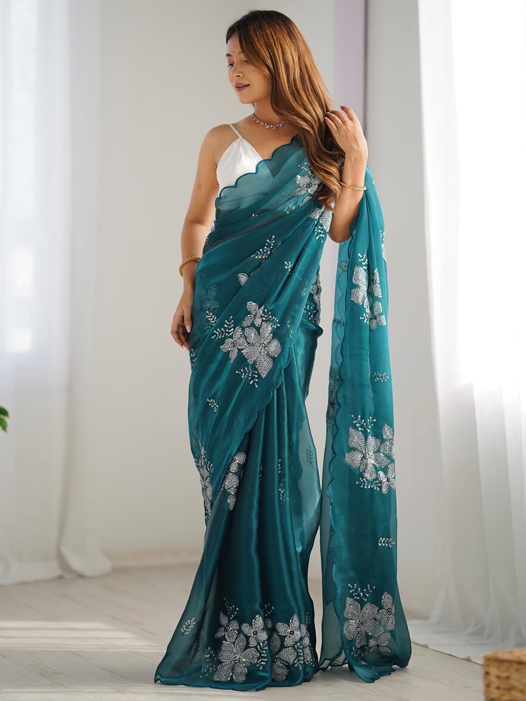 Women’s Shimmer Organza Sequence Embroidery Saree With Unstitched Blouse Piece