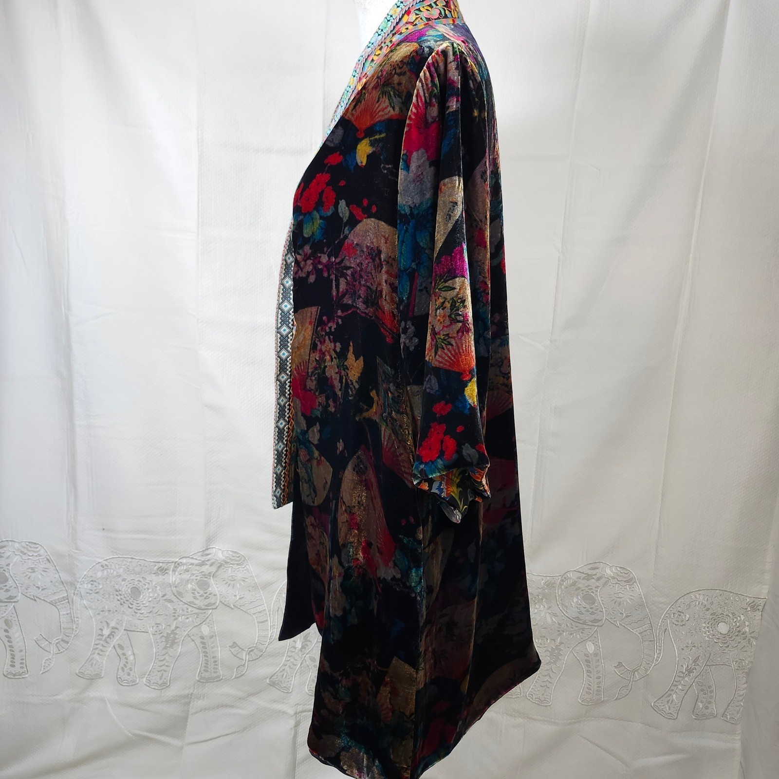 Johnny Was Reversible Silk Blend Kimono Jacket Floral Velvet Trim XS