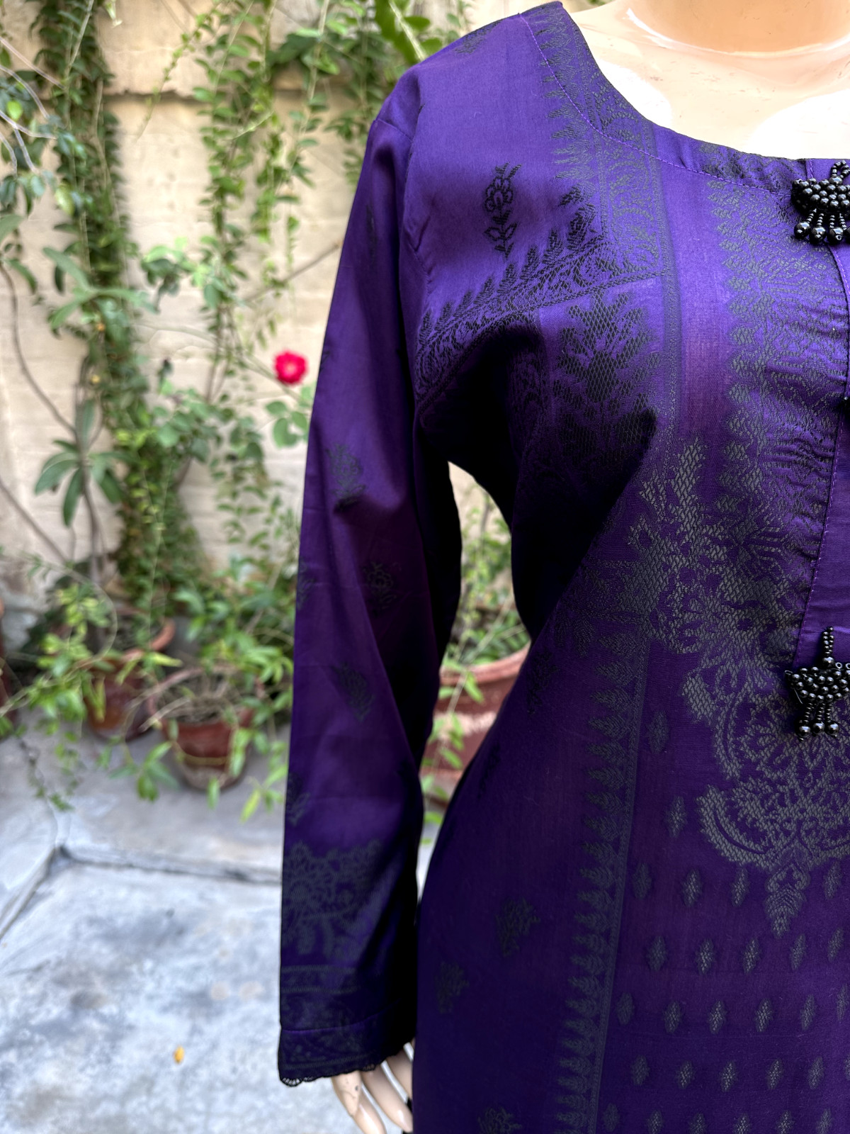 Pakistani Dark Purple straight style Shirt 3-PCS banarsi Lawn Dress,L