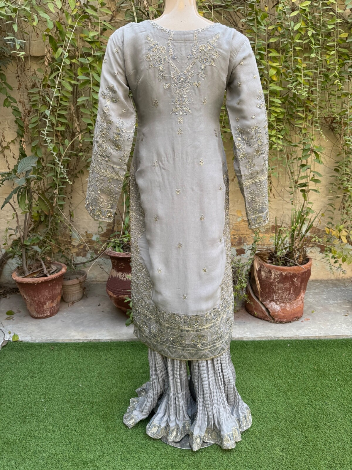 Pakistani Gray Straight Style Embroidered Sequins Chiffon Sharara Dress,L