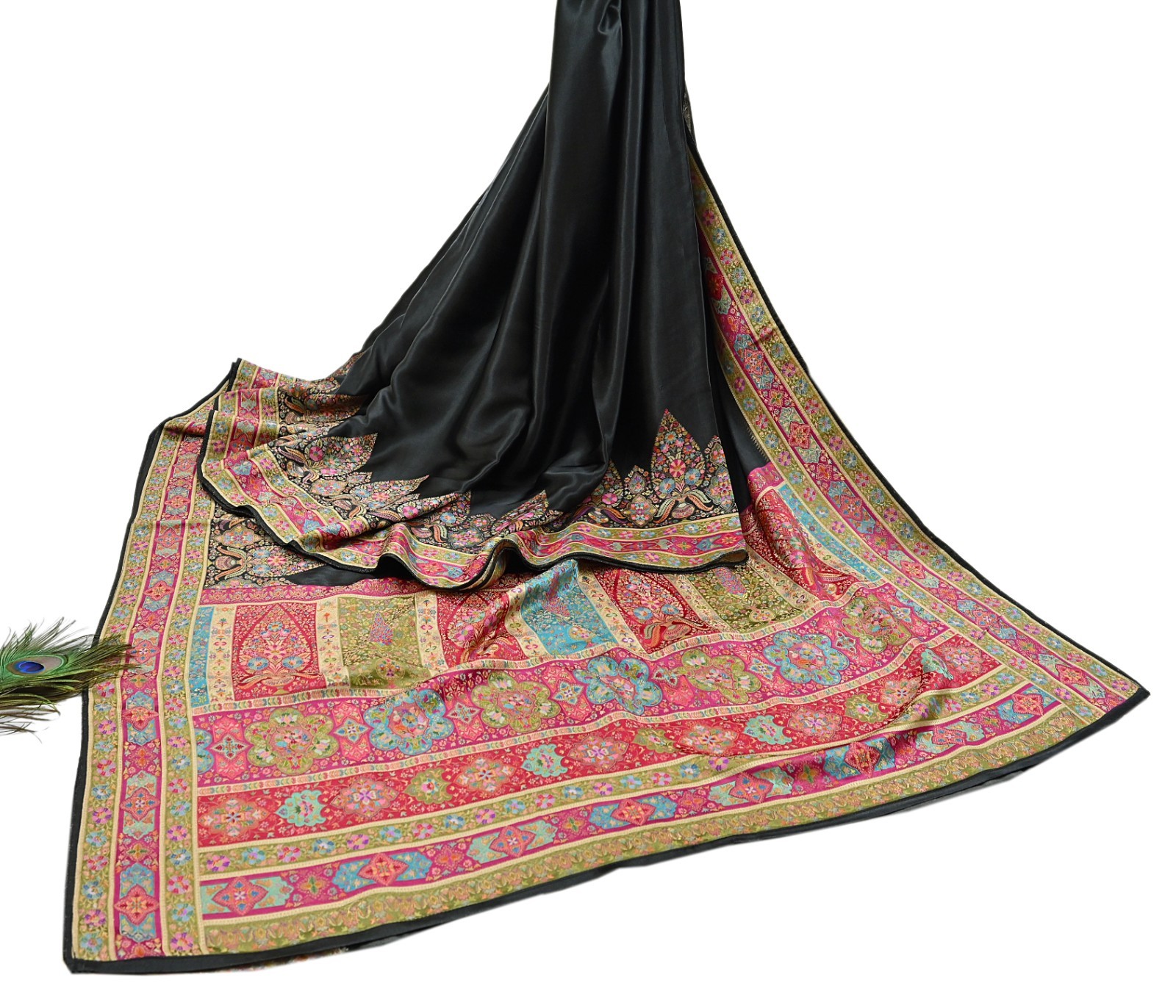 Indian Antique Vintage Heavy Sari Black Blend Satin Silk Hand Woven Banarasi