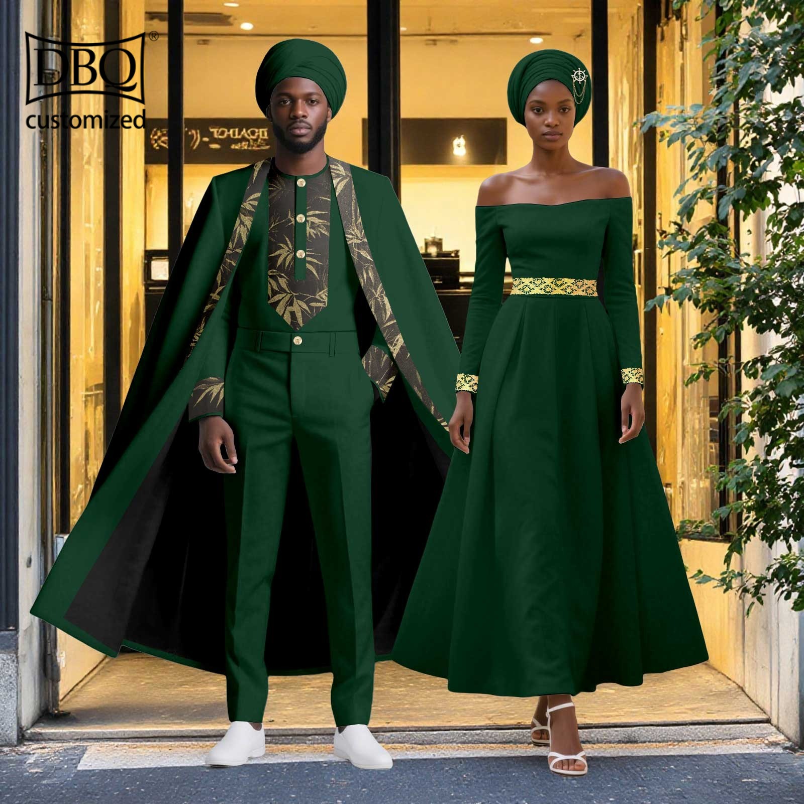 African Couple Clothes Men Long Cloak+Jacket Pants Set Women Dress with Headwrap