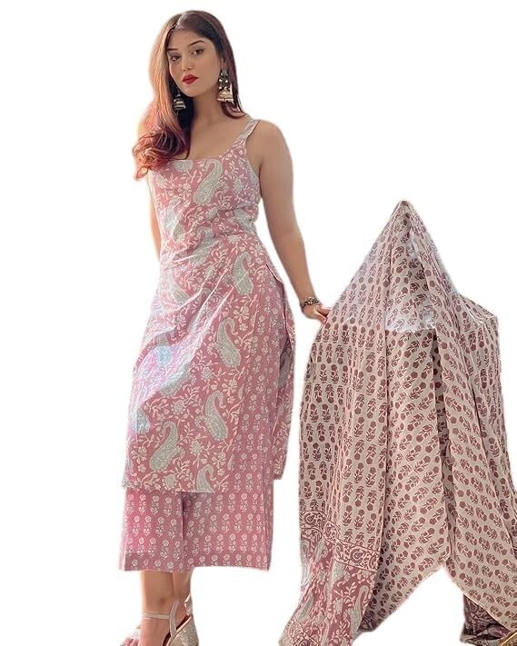 Rayon Printed Sleeveless Straight Kurta and Pant Set with Dupatta