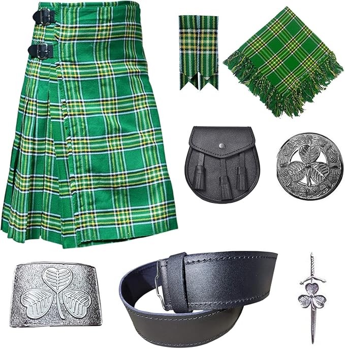 Scottish Traditional 8 Yards Tartan Kilt Outfit for Men (Irish Heritage, 38)
