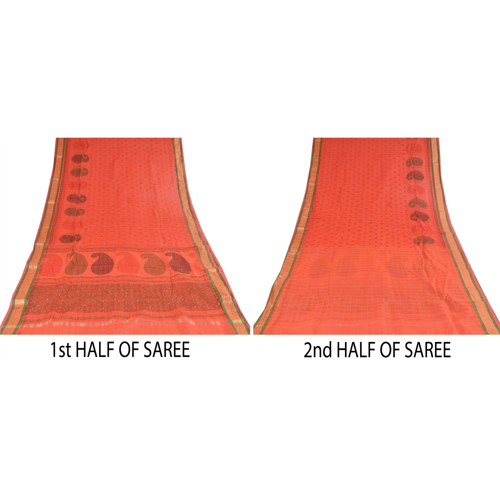 Sanskriti Vintage Coral Sarees Art Silk Hand Beaded Block Kota Doria Sari Fabric