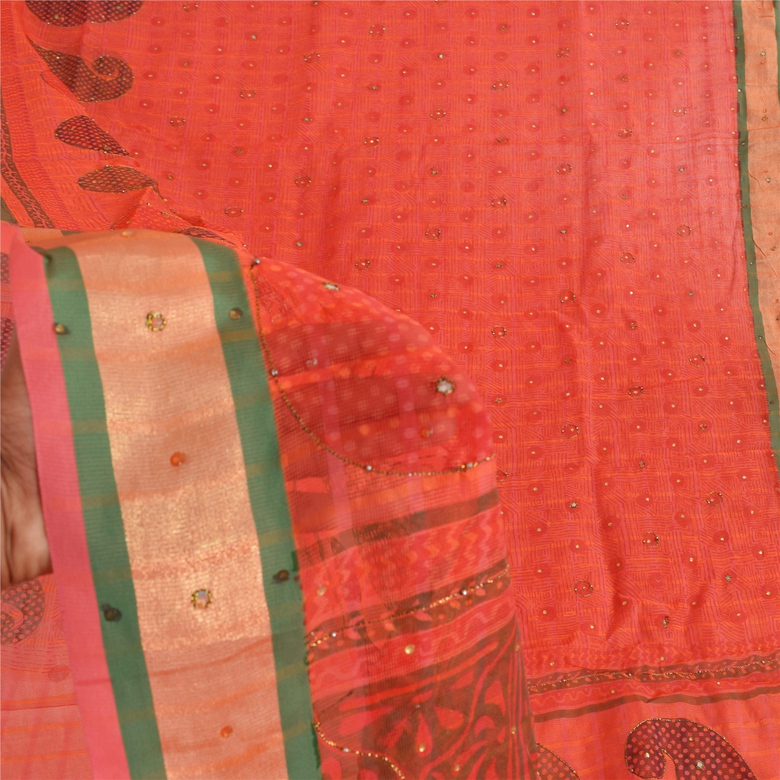 Sanskriti Vintage Coral Sarees Art Silk Hand Beaded Block Kota Doria Sari Fabric