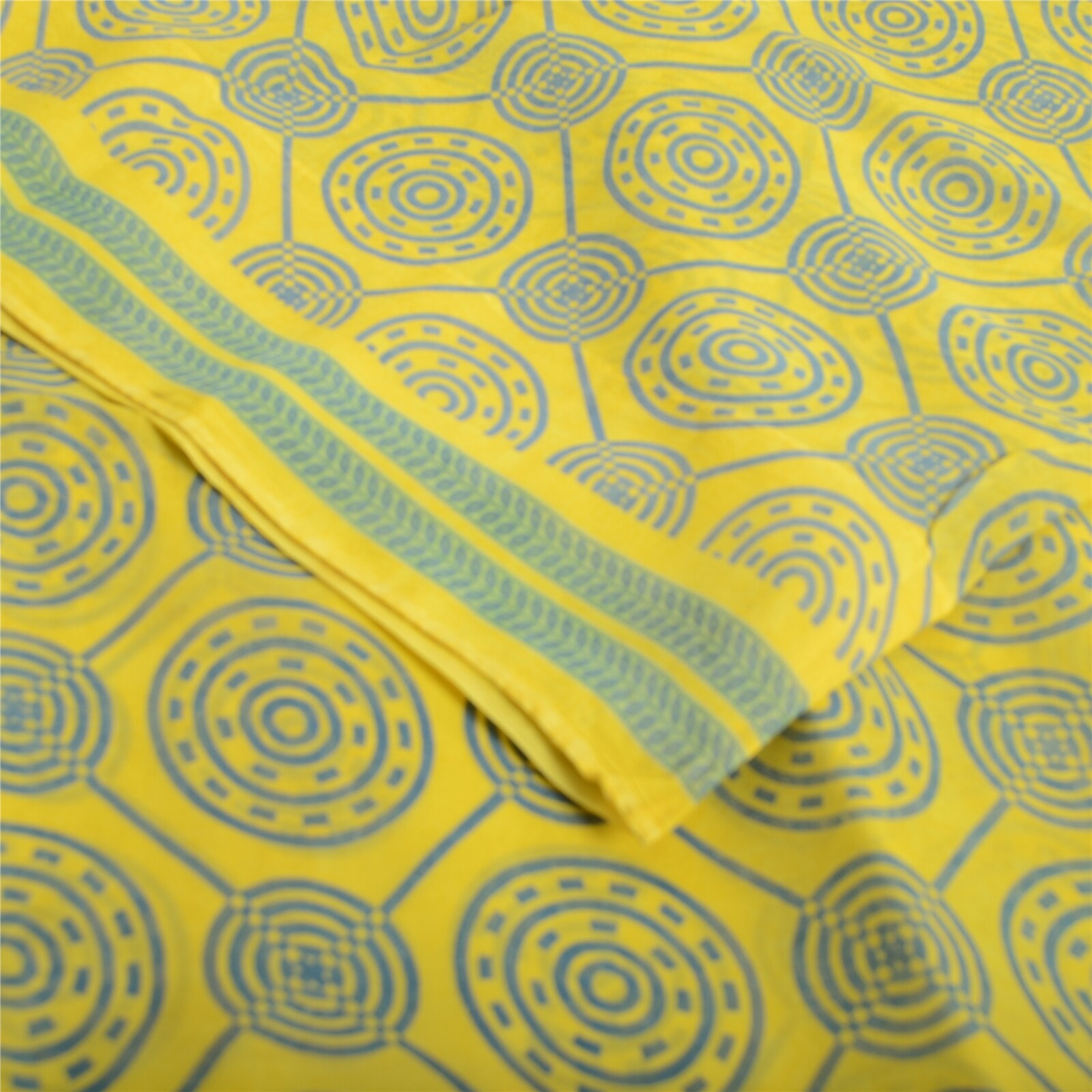 Sanskriti Vintage Sarees Lemon/Blue Pure Georgette Printed Sari Craft Fabric