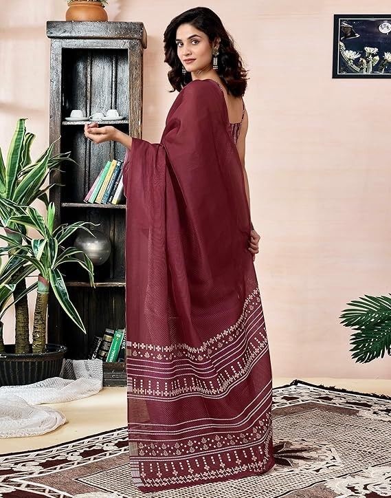 Women’s Chanderi Cotton Printed Ready To Wear with Pocket Saree with Blouse