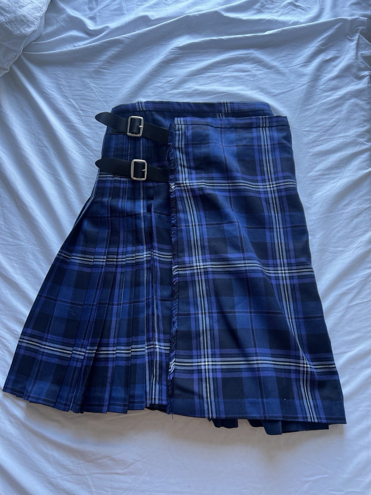 Men’s Kilt Society blue and white Black plaid kilt size 30 Skirt Pleated