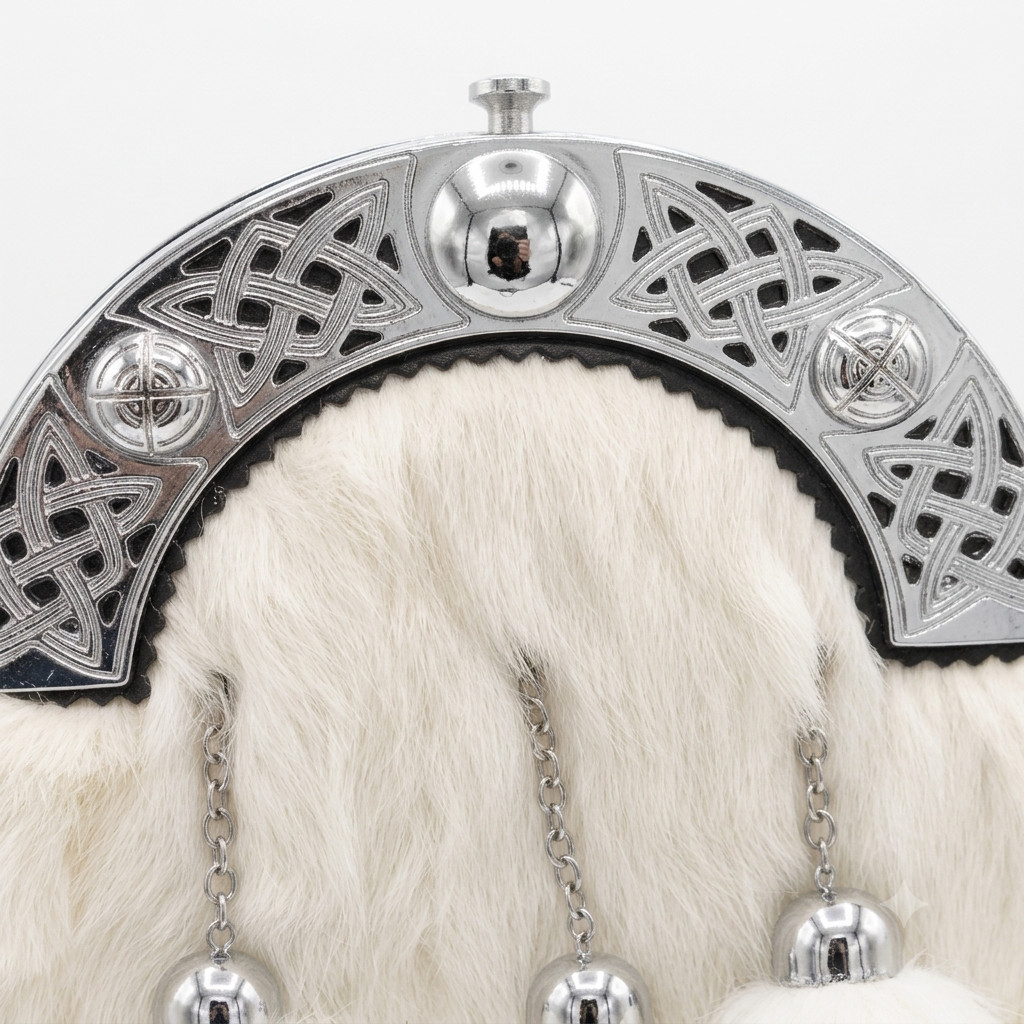 Highland Dress Kilt Sporran Pure White Fur Silver Celtic Cantle Formal Pouch