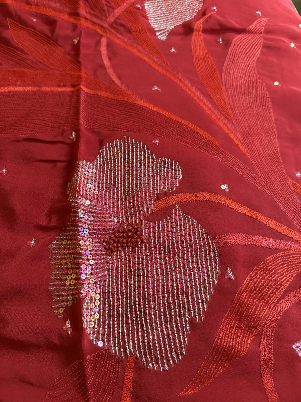Red Silver silk Floral Sequin Embellished Saree with Blouse for Women Free Size