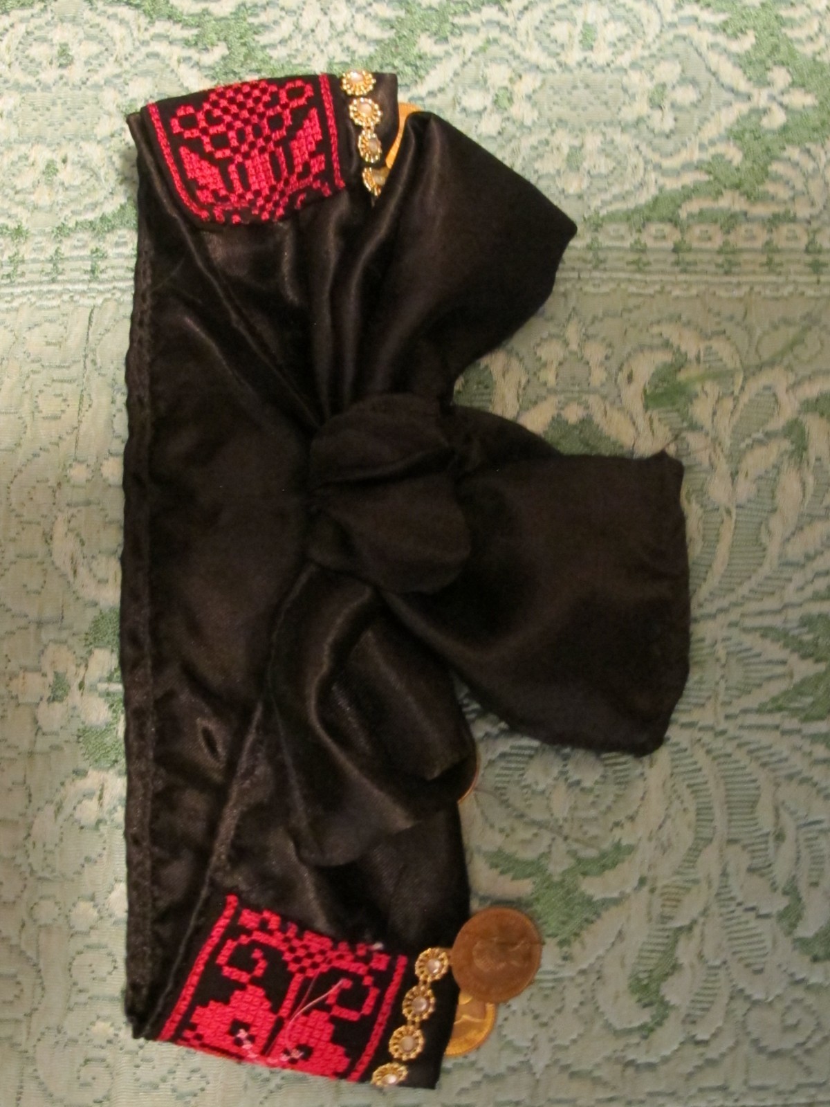 Palestinian Red Black Embroidered Headband on Satin with gold coins