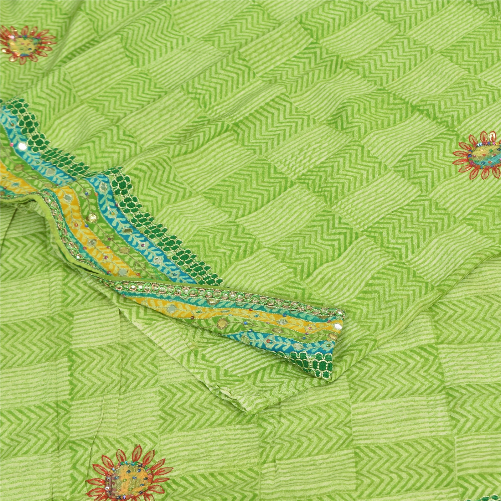 Sanskriti Vintage Saree Green Pure Crepe Hand Embroidered-Gota Patti Print Sari