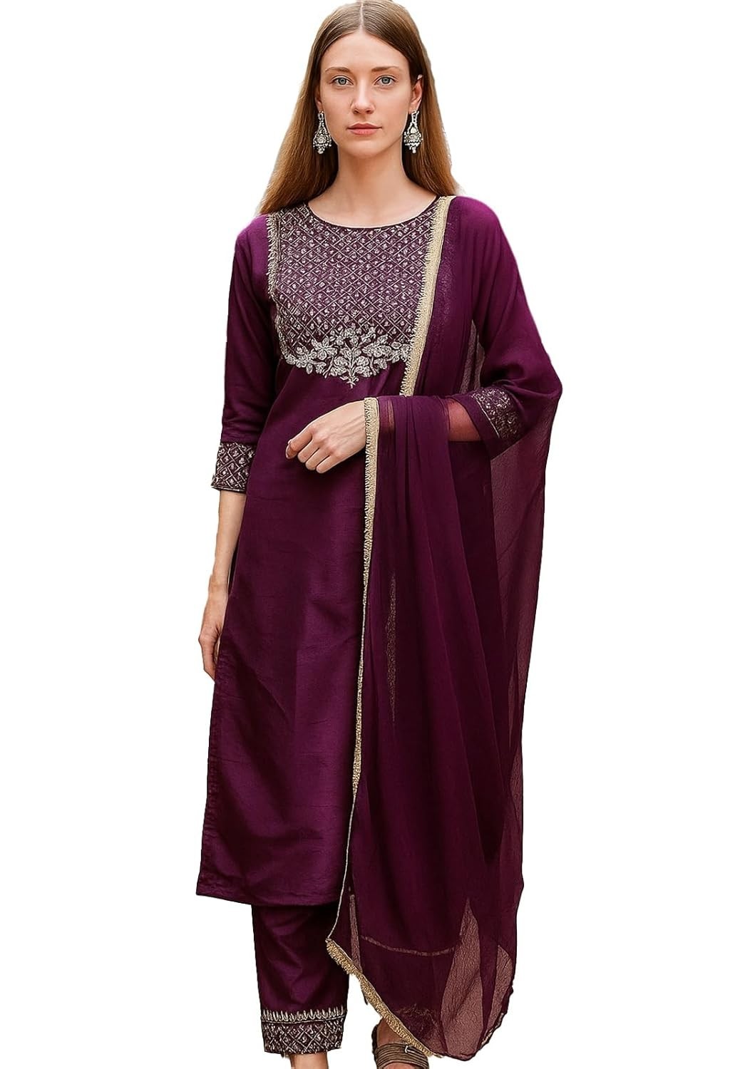 Floral Regular Embroiderd Straight Silk Blend Stitched with Set for Women