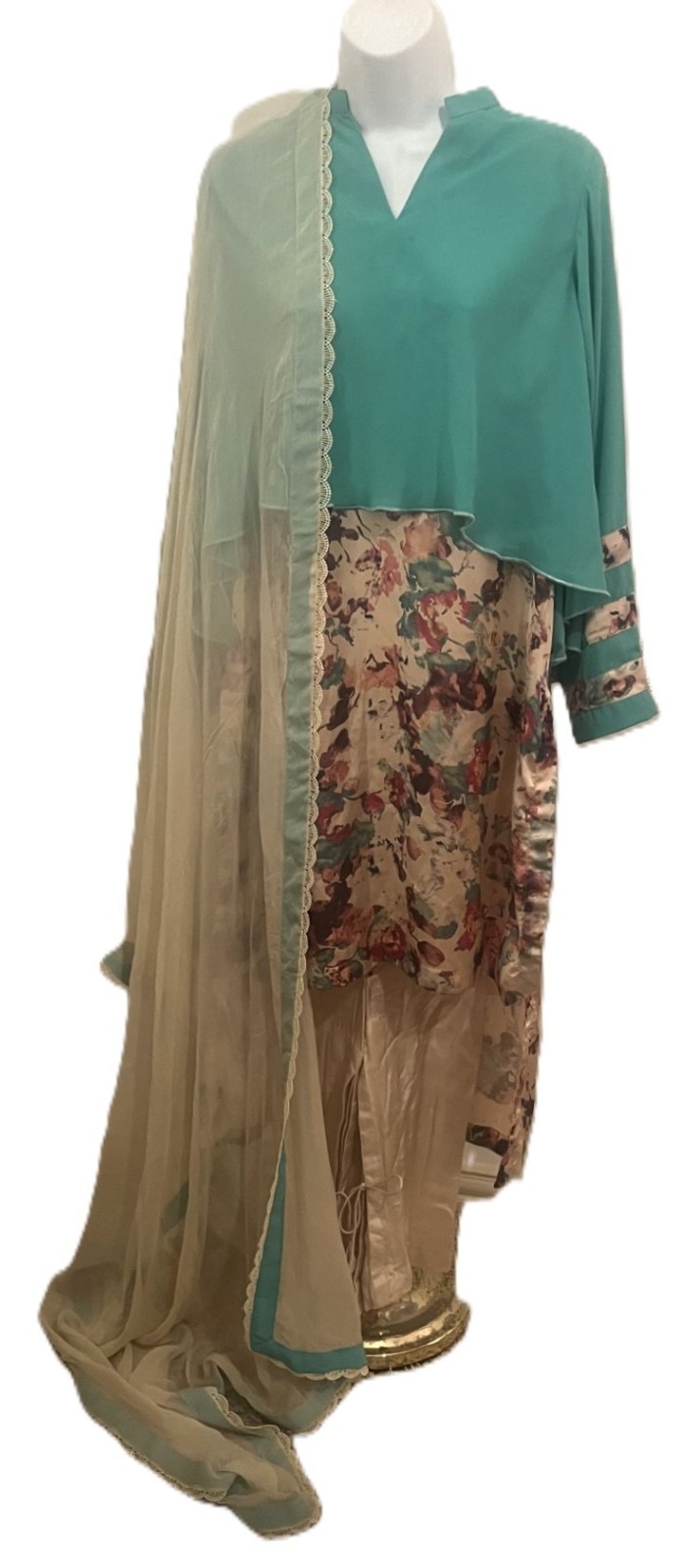 Women New two tier layered tunic shirt hi low style with chiffon dupatta size M
