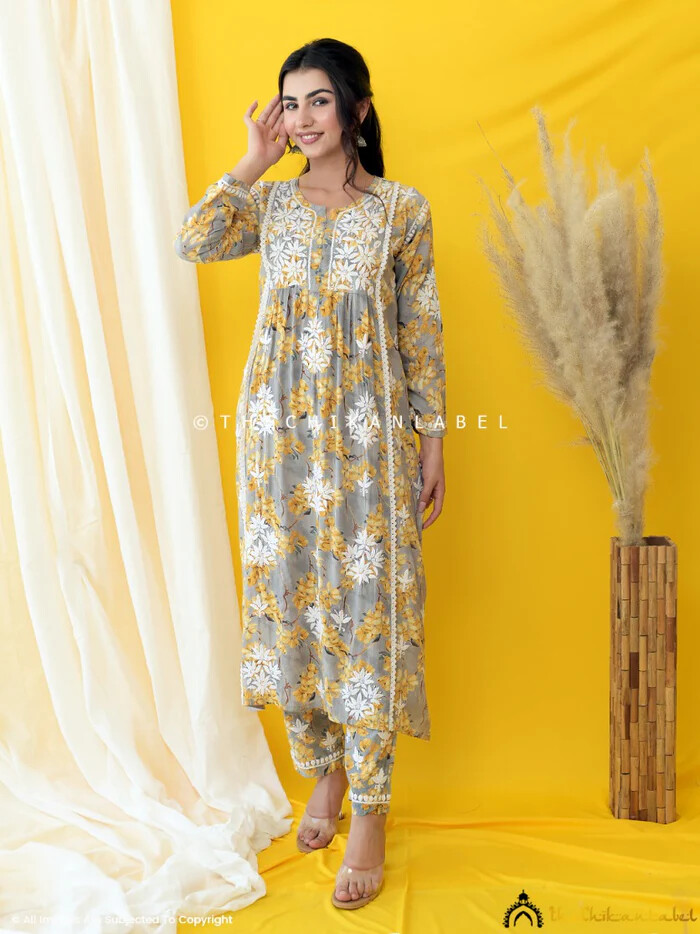 Yellow Modal Chikankari Straight Kurta Set Lucknow Chikankari Handcrafted Set