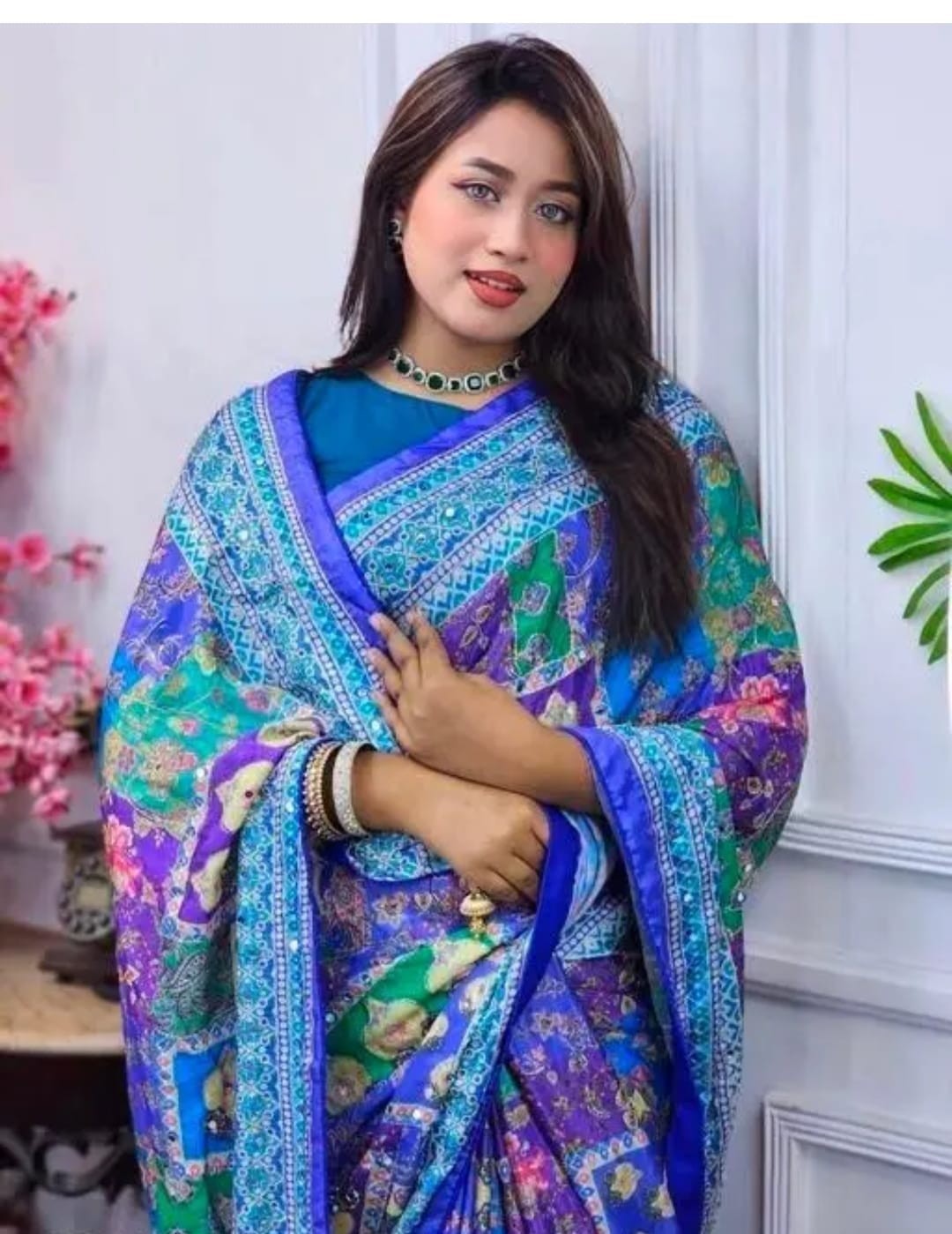 Women’s Designer Exclusive Silk Blend Digital Print With Mirror Work Sarees Sari