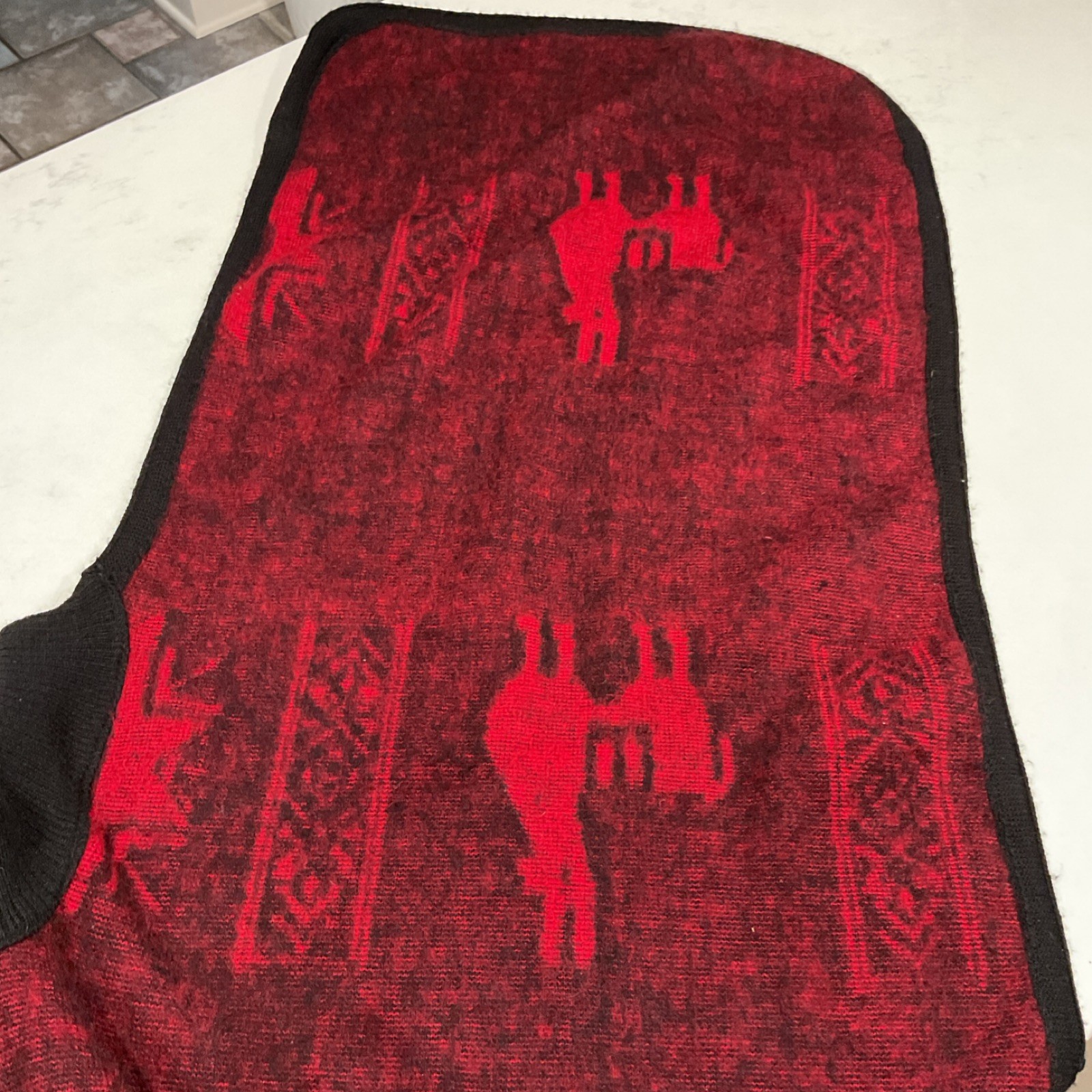 Handmade Black and Red Wool Poncho Latin American Andean Llama Motifs One Size