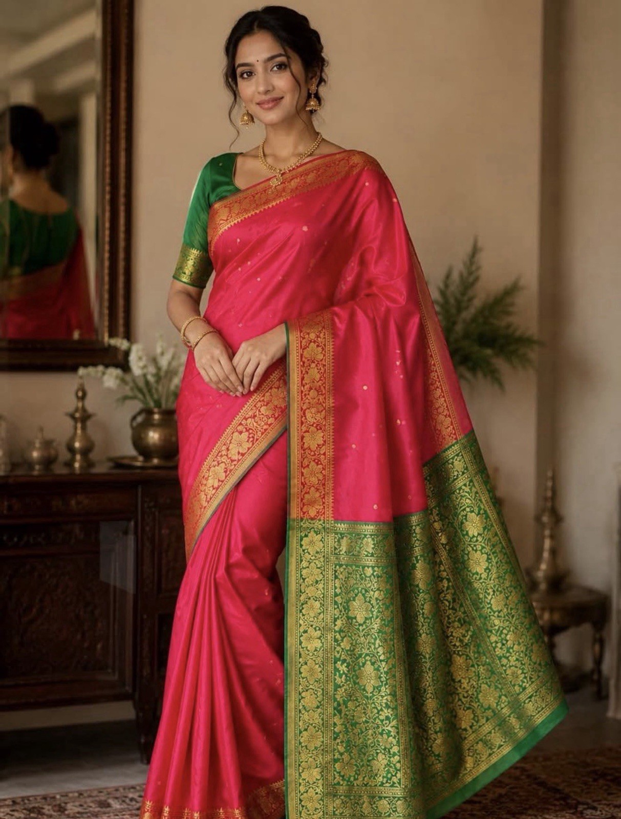 Pink/red and green silk saree w/ stitched blouse- NWOT