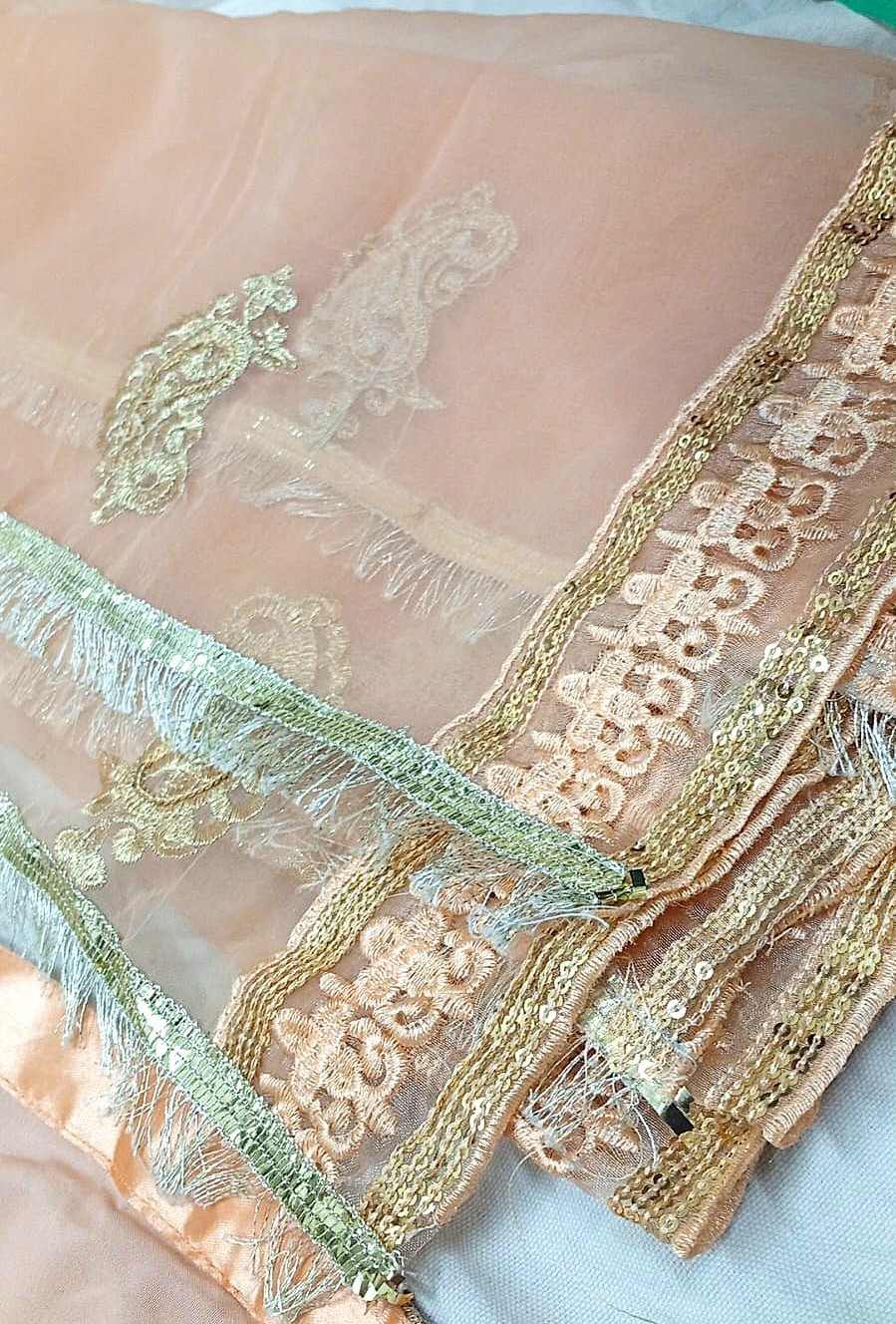 Peach Organza Gold Embroidered Party Wear Dress Pearl Work Silk Shalwar 3PC